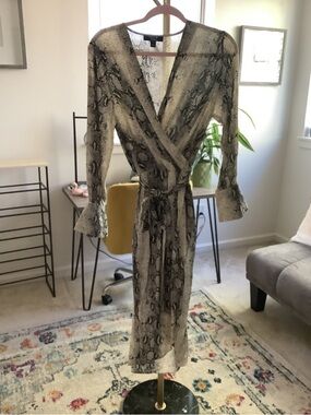 Snake-Print Midi Wrap Dress in Beige and Black